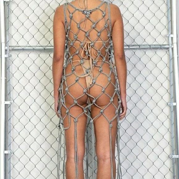 Denim Fishnet Fringed Cover Up Dress - Picture 2 of 5